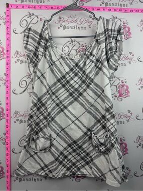 Cato milkmaid top y2k plaid pockets Black and White Plaid Short Sleeve Tunic